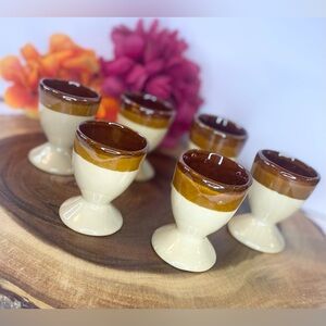 Vintage Egg Cups 70s Brown Ceramic Glazed Pottery Kitchen Stoneware MCM Tricolor